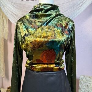 Vintage Velvet Leaf Print Top – Green Velvet Turtleneck Size Medium